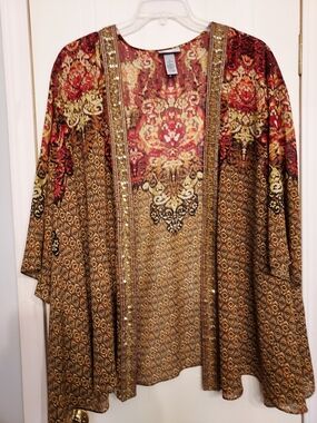 Catherines Embellished Open-Front Tunic in Red and Brown